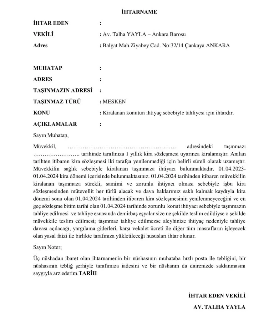 İHTİYAÇ SEBEBİYLE TAHLİYE İHTARNAMESİ